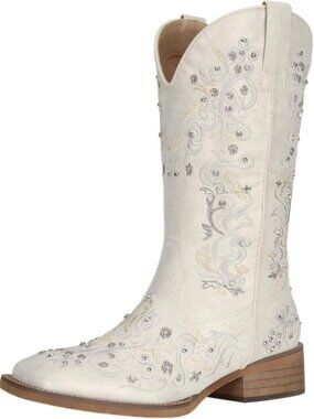 SheSole Womens Boots Fashion Rhinestone Square Toe Ladies Cowboy Boots Mid Calf